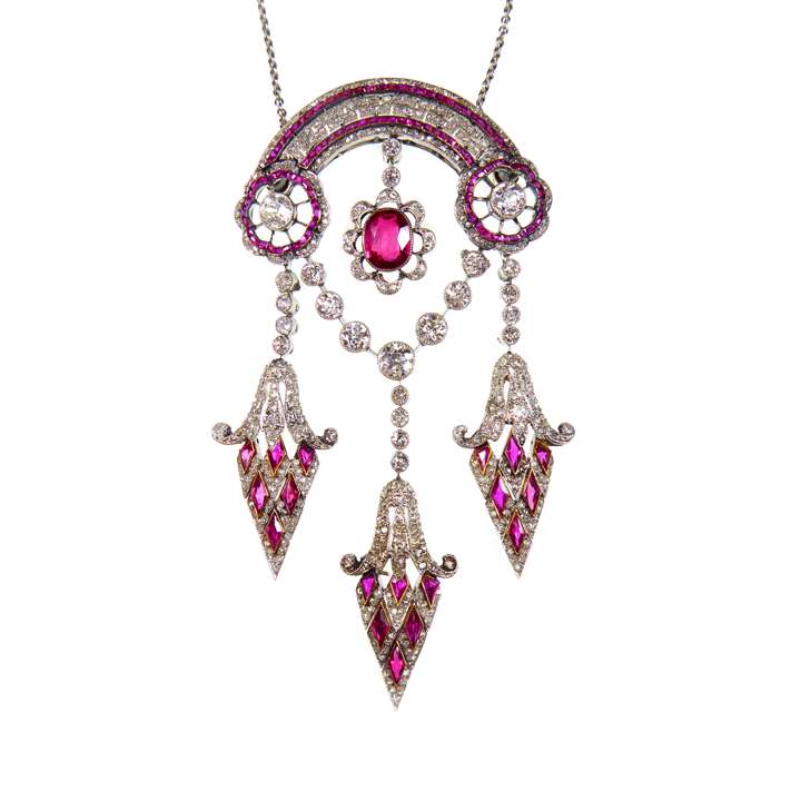 Ruby and diamond triple cluster drop and arch pendant on chain necklace